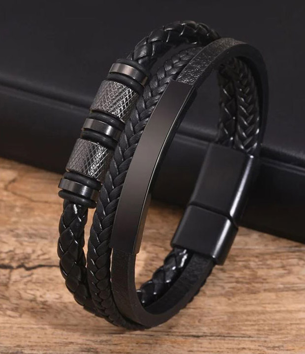 Pulsera Hombre Cuero Negro Trenzado Acero Inoxidable Elegante