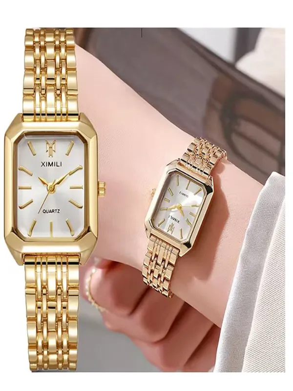 Reloj para Dama Cuadrado Dorado Acero Moda Cuarzo