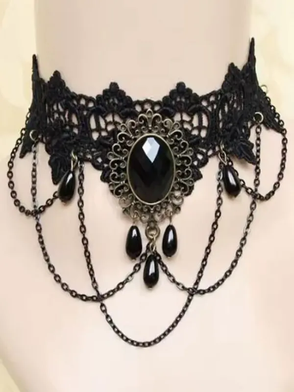 Collar Gótico Negro de Encaje Vintage para Mujer