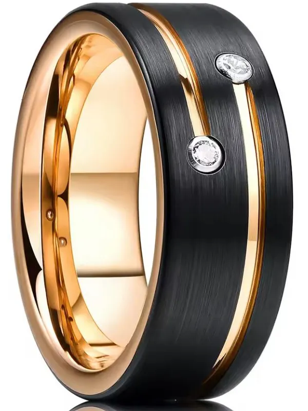 Anillo Negro para Hombre Color Oro Rosa y Circonias Acero Inoxidable
