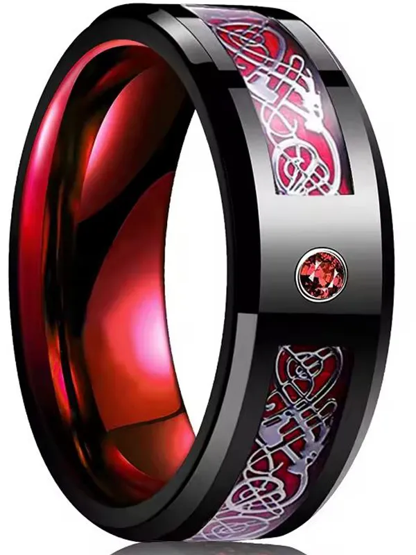 Anillo Negro y Rojo para Hombre de Acero Inoxidable y Dragon Celta