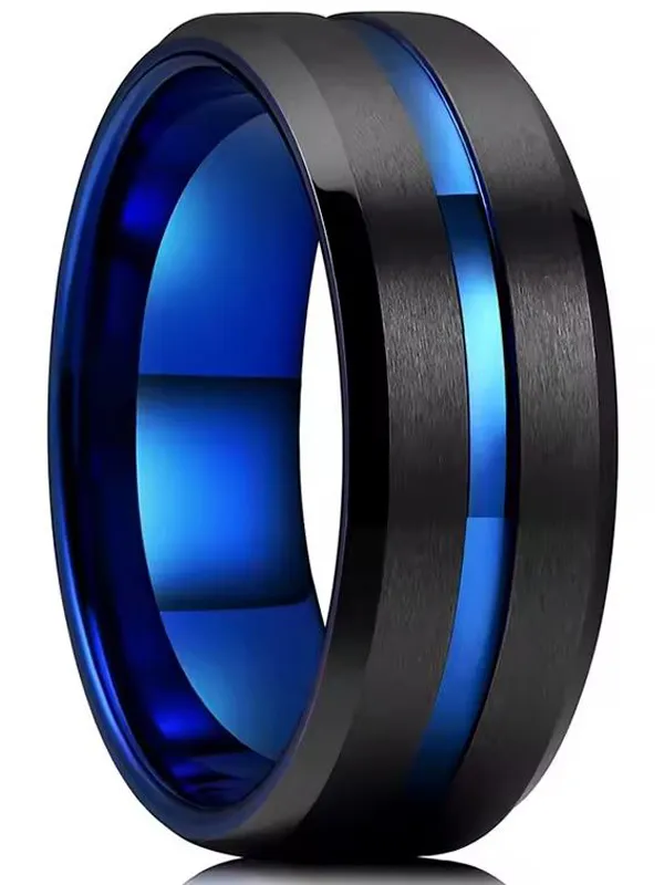 Anillo de Hombre Color Azul con Bisel Negro Acero Inoxidable
