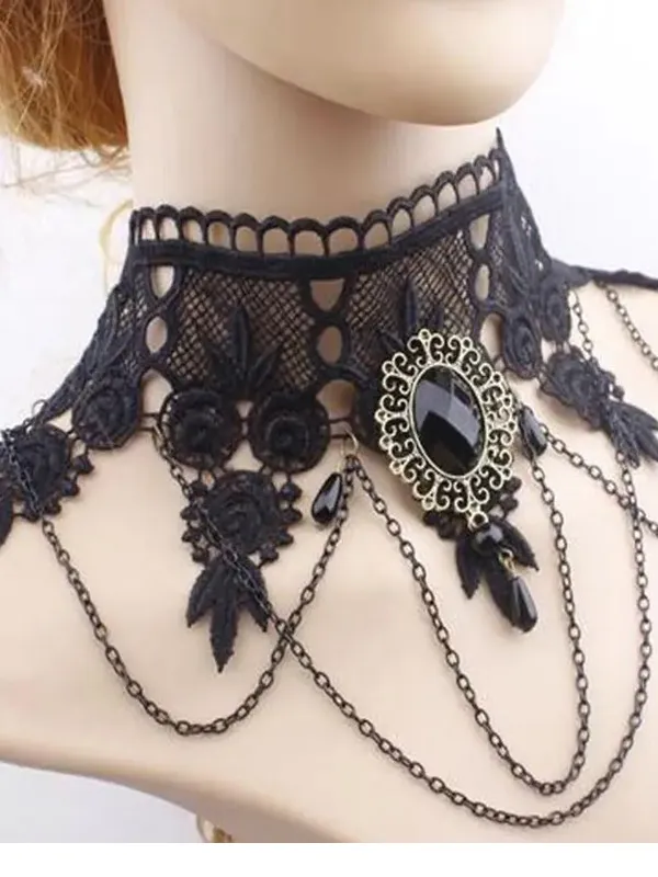 Collar Choker Gotico de Encaje con Cadenas y Pedrería2 Collar Choker Gotico