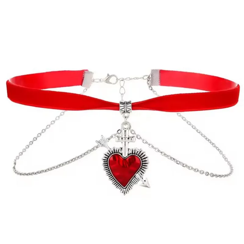 Gargantilla Choker Roja Gótica con Corazón y Cadena Doble