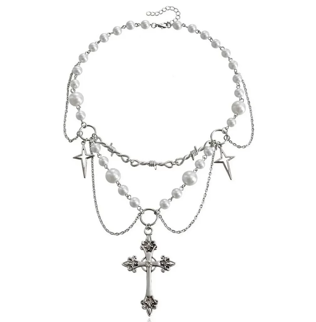 Collar Gótico de Perlas con Cruz y Estrellas