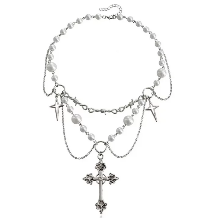 Collar Gótico de Perlas con Cruz y Estrellas