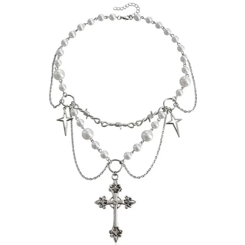 Collar Gótico de Perlas con Cruz y Estrellas
